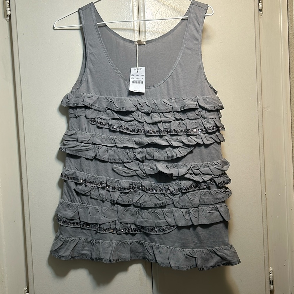 J CREW SEQUIN TIERED RUFFLE TISSUE TANK # 20448 BLACK SIZE S